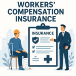 Illustration of a man with a leg injury sitting next to a clipboard labeled 'Insurance' and a business professional.