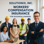 Group of six individuals representing a workers' compensation insurance team, including a man in a suit and construction workers.