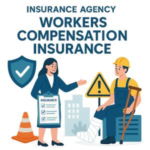 Illustration of a woman presenting a workers compensation insurance document to a man with a leg injury.