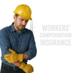 Construction worker wearing a yellow hard hat and gloves, looking at his arm with a concerned expression.