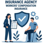 Illustration of an insurance agency discussing workers' compensation with a client on crutches and a bandaged leg.