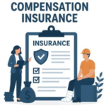 Illustration of a workers' compensation insurance document with a woman pointing at it and a man sitting with a leg injury.