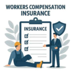 Illustration of a worker with a leg injury and a man presenting a checklist for workers compensation insurance.