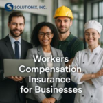 Group of four professionals representing workers compensation insurance, including a businesswoman and a chef.