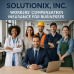 A group of six professionals posing together in a business environment, including a man in a suit and various workers.