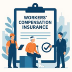 Illustration of two workers discussing workers' compensation insurance with a person in a cast sitting on a stool.