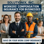 Group of professionals in an office setting discussing workers' compensation insurance with a focus on a man in a suit.