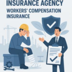Illustration of a worker with a bandaged leg sitting on a box while an insurance agent discusses coverage options. Illustration of a worker with a bandaged leg sitting on a box while an insurance agent discusses coverage options.
