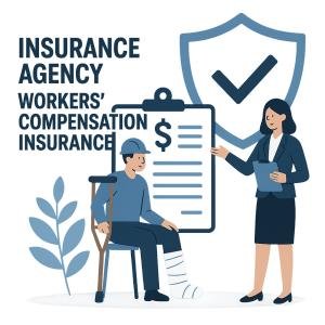 Illustration of a woman presenting workers' compensation insurance to an injured worker with a bandaged leg.