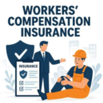 Illustration of a worker in an orange hard hat sitting with an injured leg and a businessman discussing insurance. Illustration of a worker in an orange hard hat sitting with an injured leg and a businessman discussing insurance.