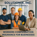 Group of five professionals from Solutionix Insurance Agency, including a woman with a laptop and three men in work attire.