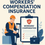 Illustration of a worker with a bandaged leg sitting next to a clipboard labeled 'Workers' Compensation Insurance'. Illustration of a worker with a bandaged leg sitting next to a clipboard labeled 'Workers' Compensation Insurance'.