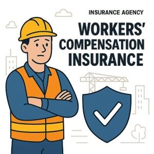 An illustration of a construction worker in a hard hat and safety vest with a shield symbol for workers' compensation insurance.