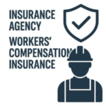 Graphic illustrating workers' compensation insurance with a shield and construction worker icon.