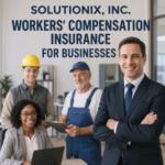 Three individuals representing workers' compensation insurance at Solutionix, Inc., with a professional setting. Three individuals representing workers' compensation insurance at Solutionix, Inc., with a professional setting.