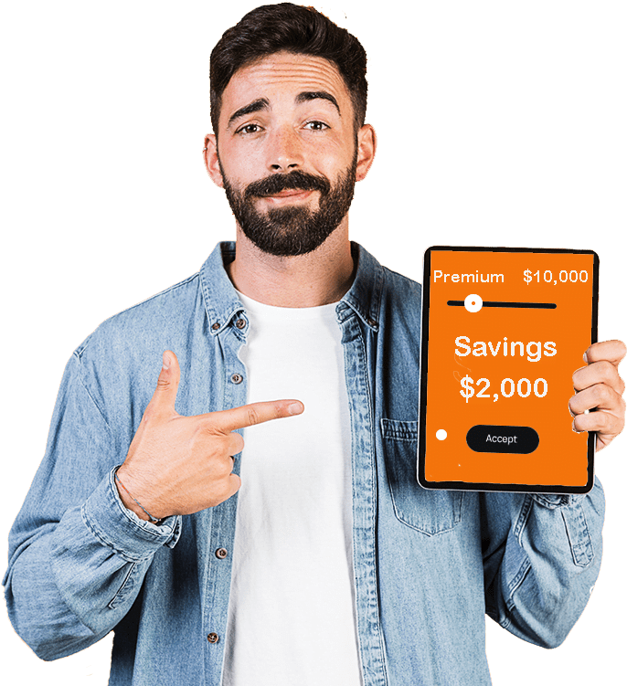 Man pointing to a tablet showing savings of $2,000 with a premium option of $10,000.