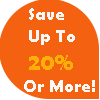Orange circular graphic with text stating 'Save Up to 20% Or More!' in white and yellow font.