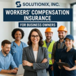A group of six professionals representing workers' compensation insurance, including a woman in a suit and various workers.
