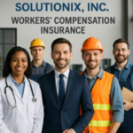 A group of five professionals, including a doctor and workers in safety gear, posing for a photo.