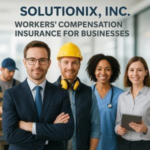 Four professionals posing together in a work environment, representing workers' compensation insurance.