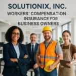 Group of four professionals representing workers' compensation insurance services in an office setting.