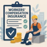 Illustration of a worker with a bandaged leg sitting next to a clipboard about workers' compensation insurance.