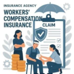Illustration depicting a workers' compensation insurance claim process with a worker receiving care.