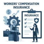 Illustration of workers' compensation insurance with a construction worker and a checklist on a clipboard.