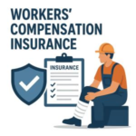 Illustration of a construction worker with a bandaged leg sitting next to a clipboard and shield representing workers' compensation insurance.