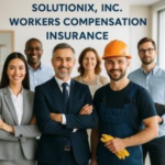 A group of six professionals, including a man in a suit and a construction worker, posing together in an office setting.