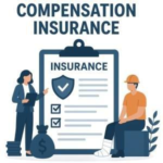 Illustration of workers compensation insurance with a clipboard, a woman, and a man in a hard hat sitting.