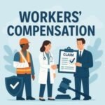 Illustration depicting workers' compensation with a construction worker, a doctor, and a claims adjuster.