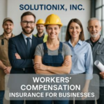 Group of diverse workers in safety gear posing together with Solutionix logo above them.