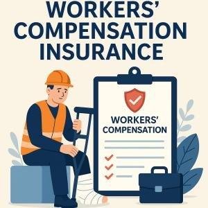 Illustration of a worker in a hard hat sitting next to a clipboard labeled 'Workers' Compensation Insurance'.