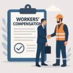 Illustration of a businessman shaking hands with a construction worker in front of a workers' compensation document.