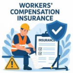 Illustration of a worker with a broken leg sitting next to a clipboard labeled 'Insurance' and a shield icon.
