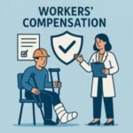 An illustration of a man with a leg cast sitting on a chair while a woman in a lab coat discusses workers' compensation.