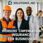 Three professionals representing workers' compensation insurance, including a construction worker, businesswoman, and doctor.