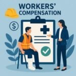 Illustration of a man with a leg cast sitting next to a clipboard with a medical form and a woman discussing workers' compensation.