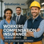 Three professionals posing for a photo related to workers' compensation insurance, including a nurse and a construction worker.