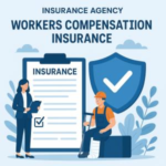 Illustration depicting a workers compensation insurance document with a checklist and a worker in a hard hat sitting beside it.