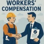 Illustration of a construction worker and a businessman shaking hands under the text 'Workers' Compensation'.