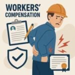 Illustration of a worker with back pain, clipboard, and certificate related to workers' compensation.