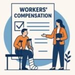 An illustration of a person with a leg injury using crutches while discussing workers' compensation with a professional.