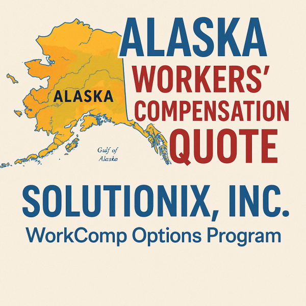 Map of Alaska with text indicating workers' compensation quote from Solutionix, Inc.