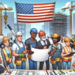 Group of cartoon construction workers discussing plans with an American flag in the background.