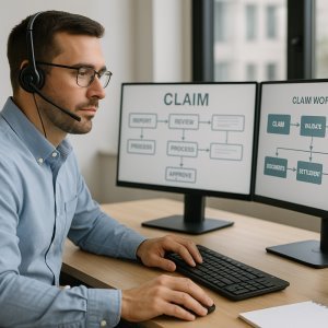 A man wearing glasses and a headset sitting at a desk with two computer monitors displaying flowcharts related to claims.