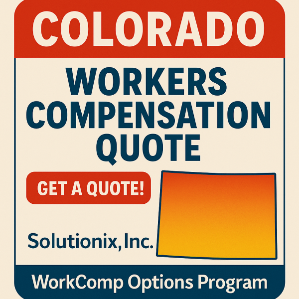 Graphic displaying a Colorado workers compensation quote with a gradient background and a state outline.
