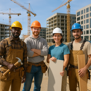 Four construction workers posing together at a building site with cranes in the background.