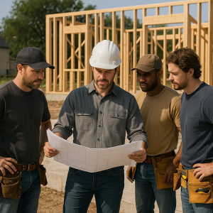 Group of construction workers examining blueprints at a building site with wooden frames in the background.